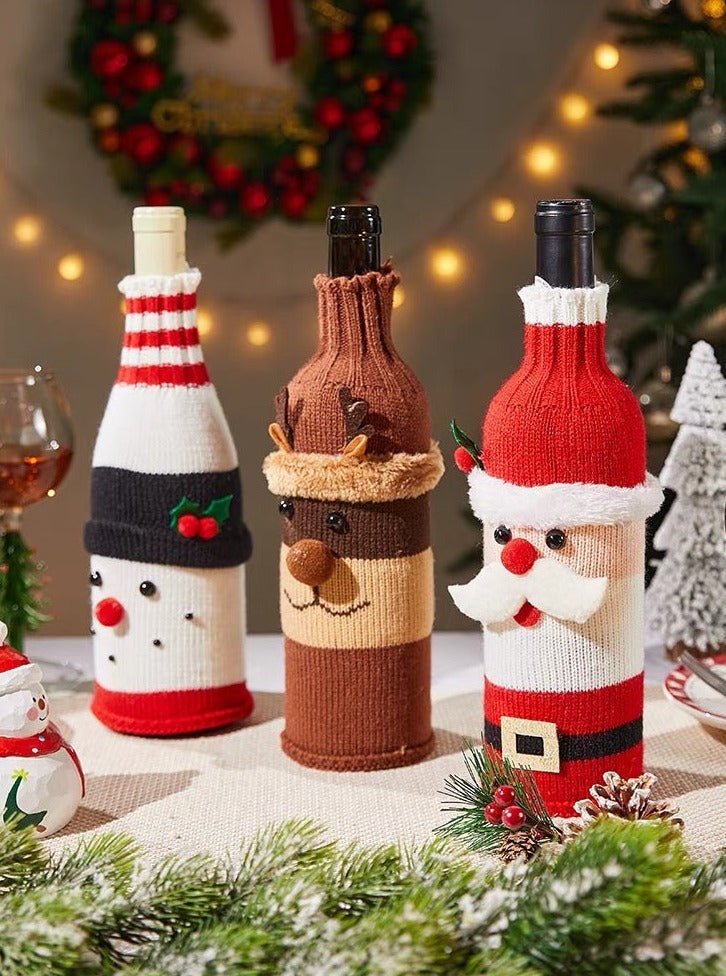 Knitted Christmas Wine Bottle Cover Sleeves Set of 3 Pcs