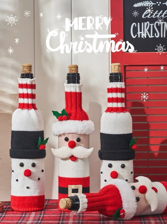 Knitted Christmas Wine Bottle Cover Sleeves Set of 3 Pcs