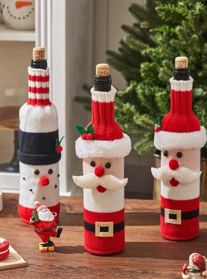 Knitted Christmas Wine Bottle Cover Sleeves Set of 3 Pcs