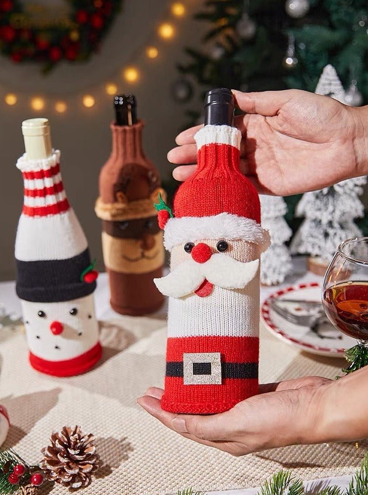 Knitted Christmas Wine Bottle Cover Sleeves Set of 3 Pcs